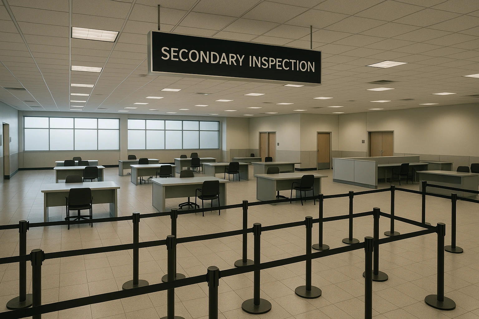 A calm, neutral image of an airports secondary inspection area.